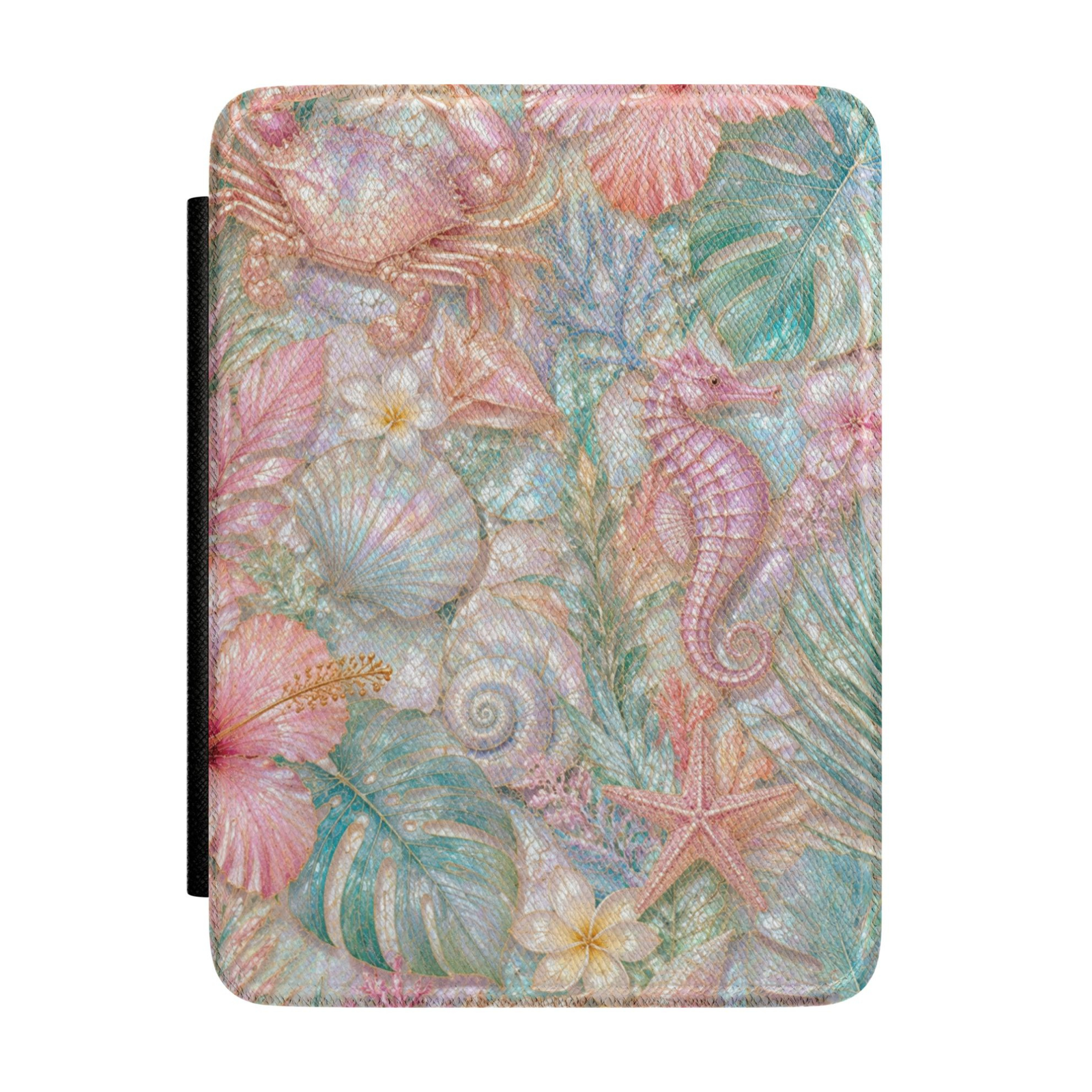 Pastel coastal Kindle case featuring pink seahorses, tropical flowers, seashells, starfish, and ocean-inspired artwork in soft blush and aqua tones.