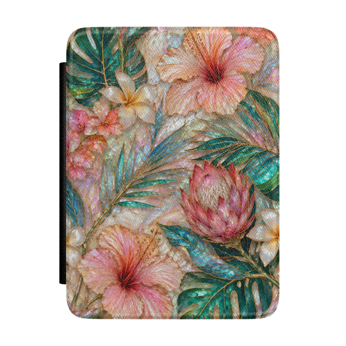 Tropical floral Kindle case featuring pink hibiscus flowers, protea blooms, palm leaves, plumeria flowers, and lush tropical foliage on premium faux leather.