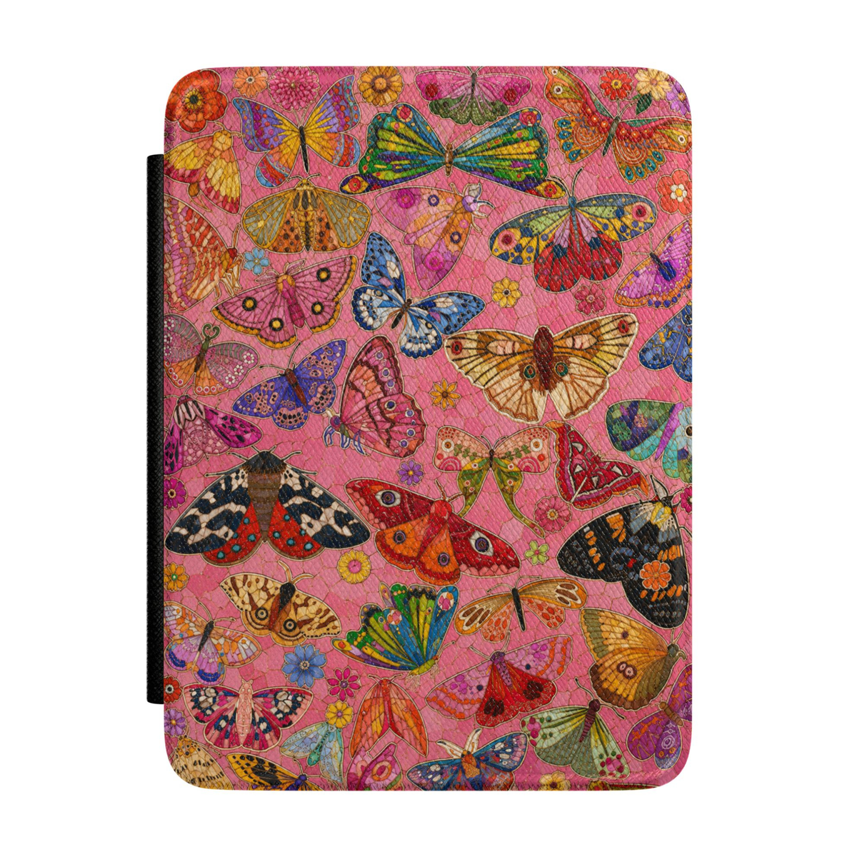 Colorful butterfly Kindle case featuring dozens of detailed butterflies and moths on a vibrant pink floral background with vintage botanical style.