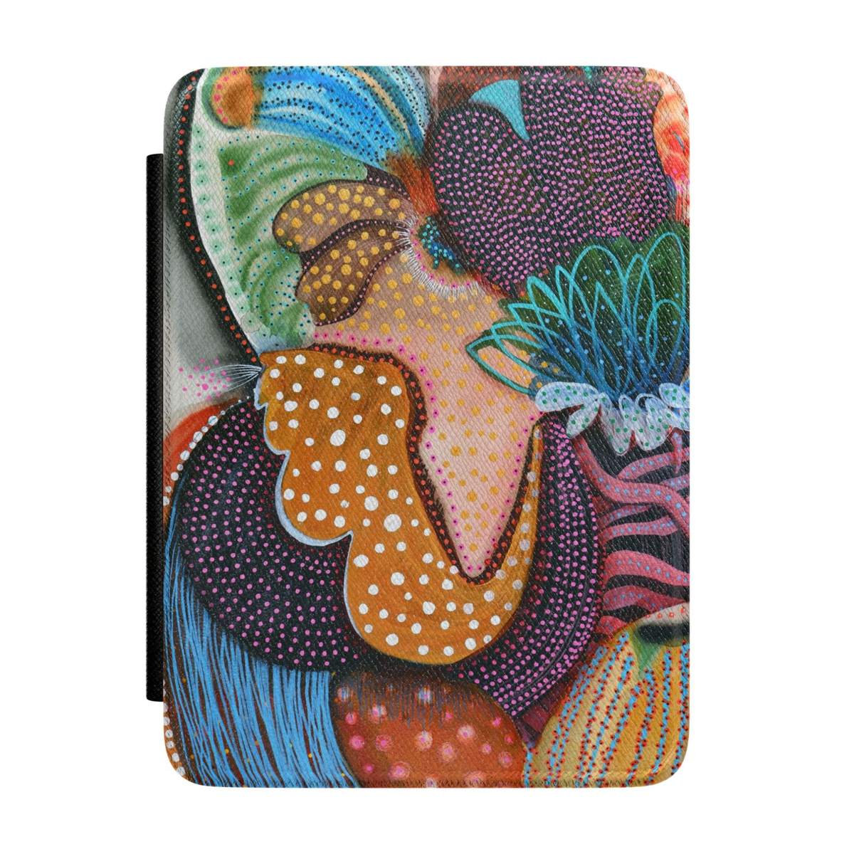 Abstract botanical Kindle case featuring colorful oversized floral shapes in teal, magenta, coral, mustard, navy, and blush with modern artistic patterns.