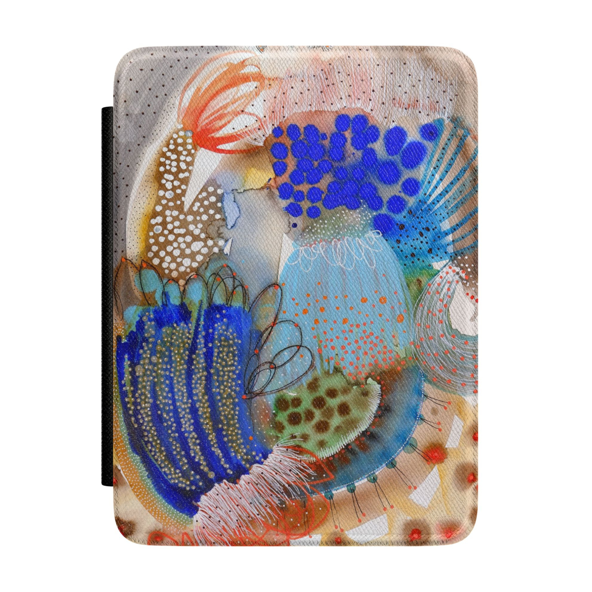 Abstract botanical Kindle case featuring colorful oversized floral shapes in teal, magenta, coral, mustard, navy, and blush with modern artistic patterns.