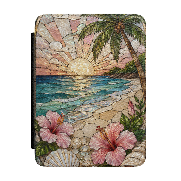 Tropical beach Kindle case featuring pink hibiscus flowers, palm tree, seashells, ocean waves, and a glowing sunrise over the shoreline.