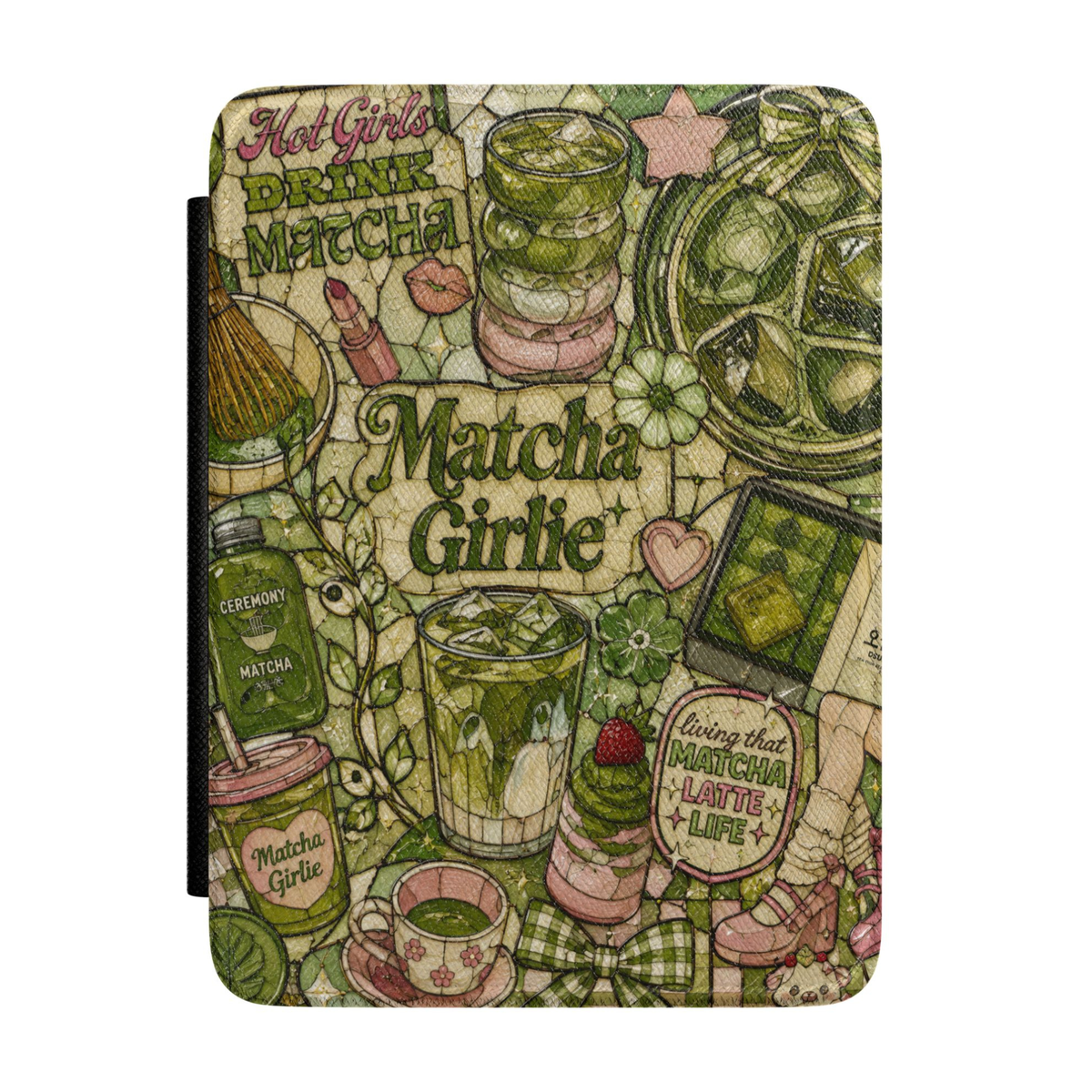 Cute matcha-themed Kindle case featuring matcha lattes, iced green tea drinks, desserts, bows, flowers, and trendy pastel green aesthetic artwork.