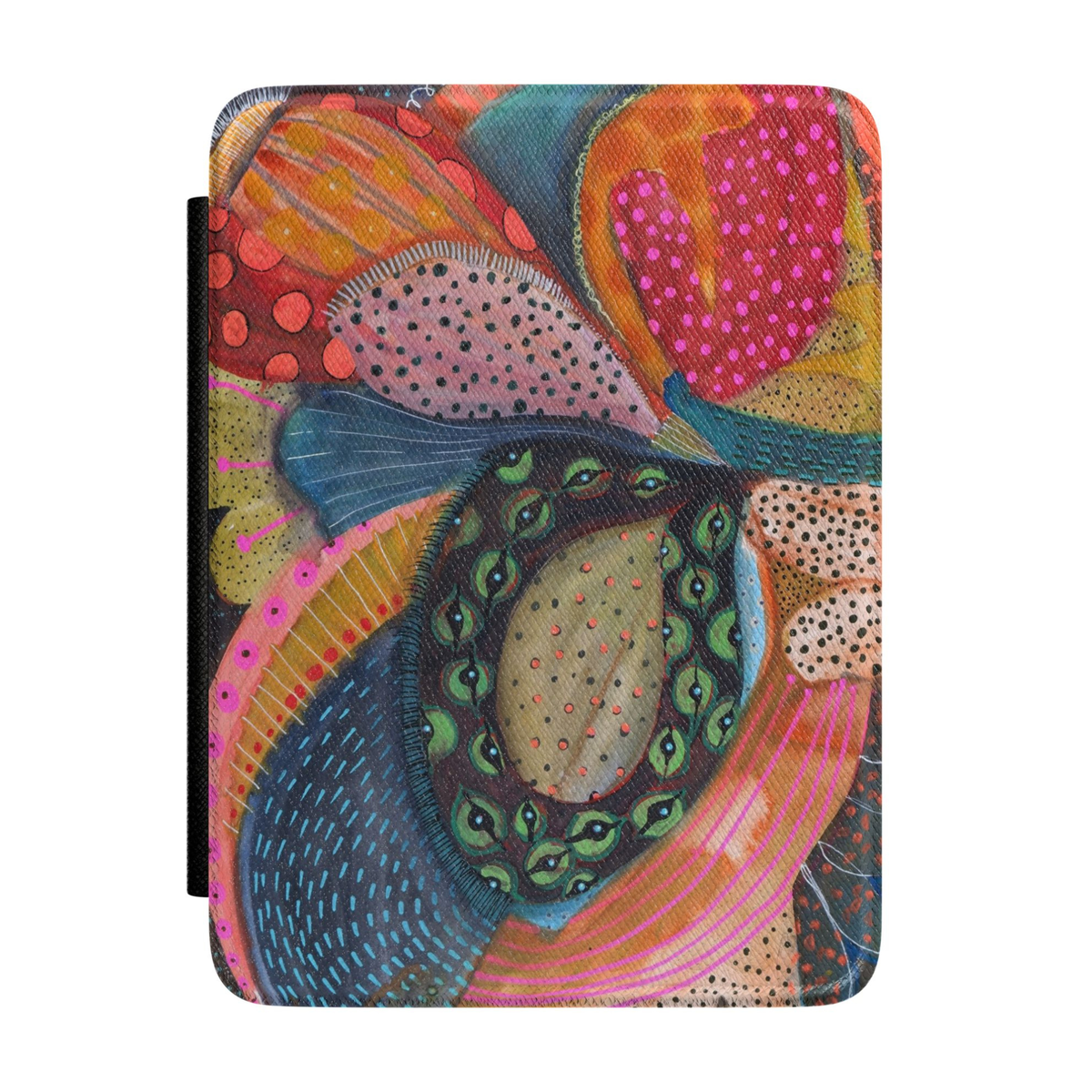 Abstract botanical Kindle case featuring colorful oversized floral shapes in teal, magenta, coral, mustard, navy, and blush with modern artistic patterns.