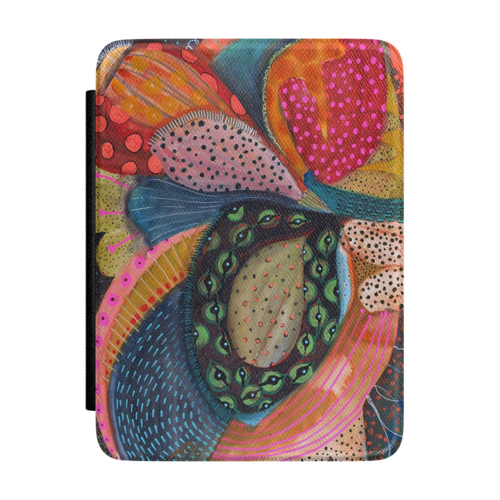 Abstract botanical Kindle case featuring colorful oversized floral shapes in teal, magenta, coral, mustard, navy, and blush with modern artistic patterns.