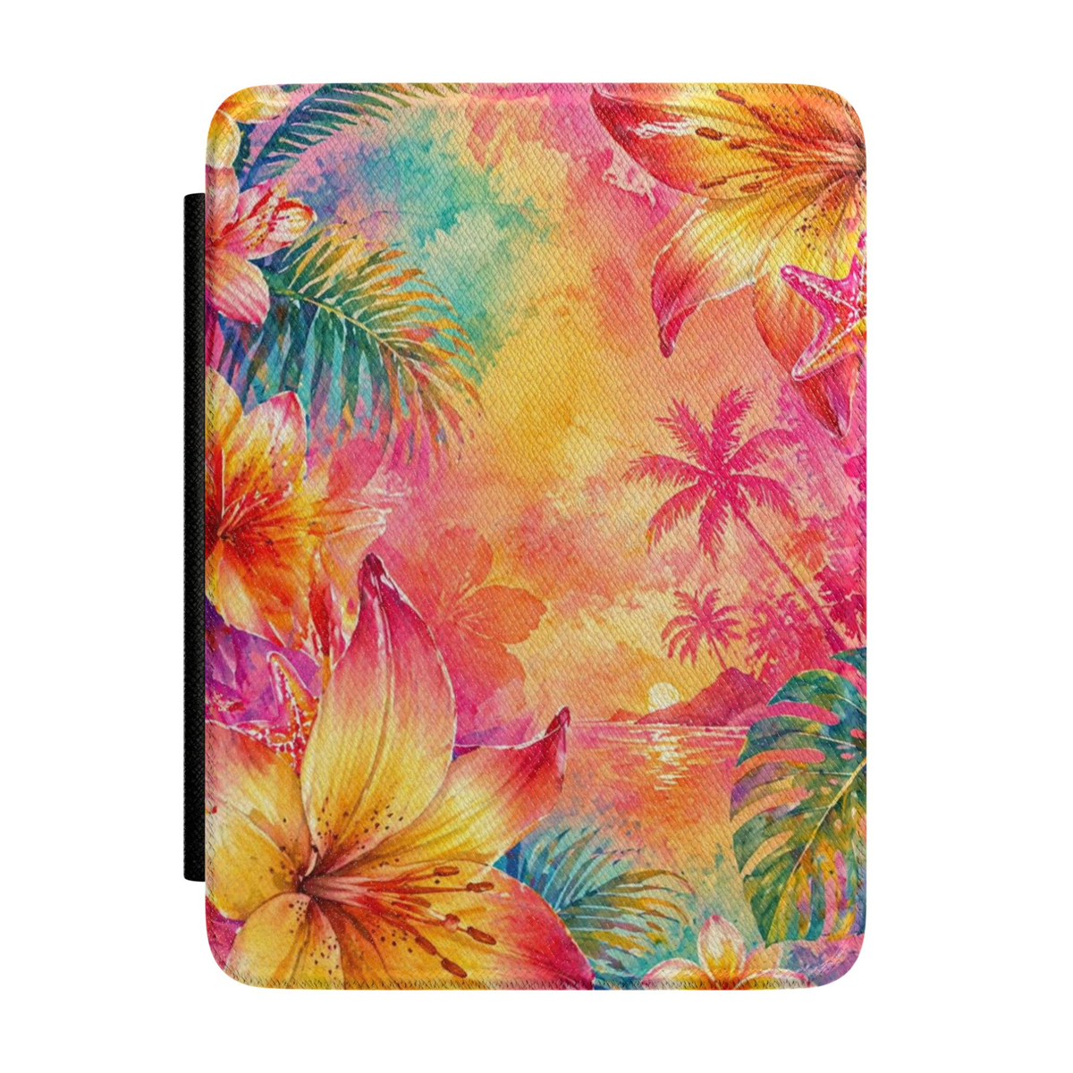 Colorful tropical Kindle case featuring hibiscus flowers, palm trees, ocean sunset scenery, and vibrant Hawaiian-inspired summer artwork.