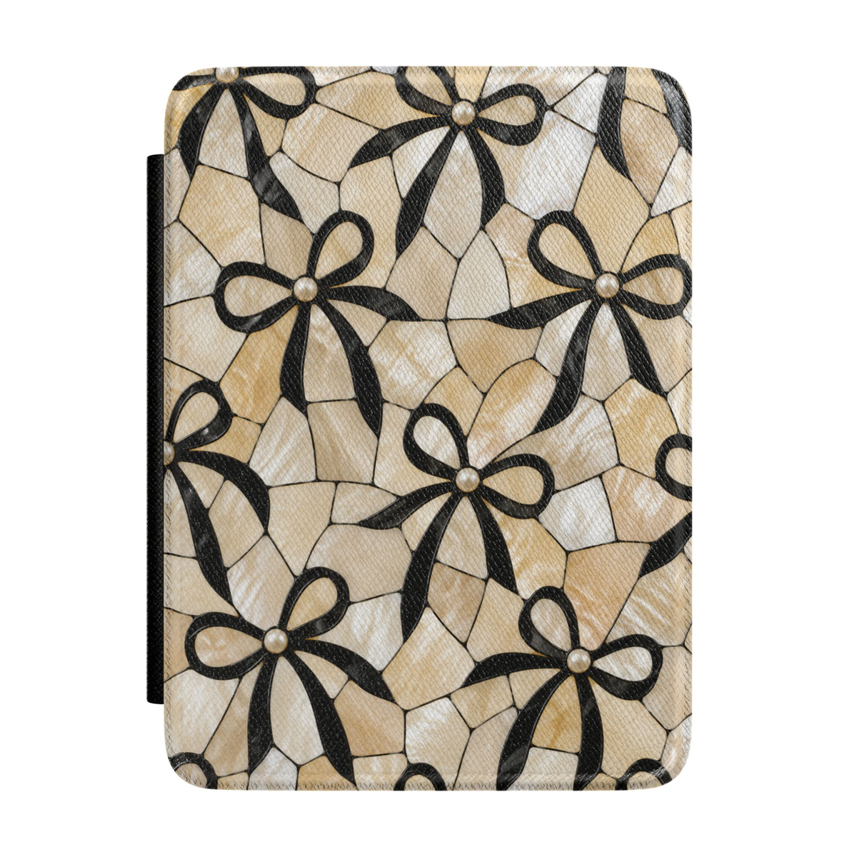 Elegant Kindle case featuring black ribbon bows, pearl accents, and an ivory mosaic-inspired background in a chic coquette aesthetic design.