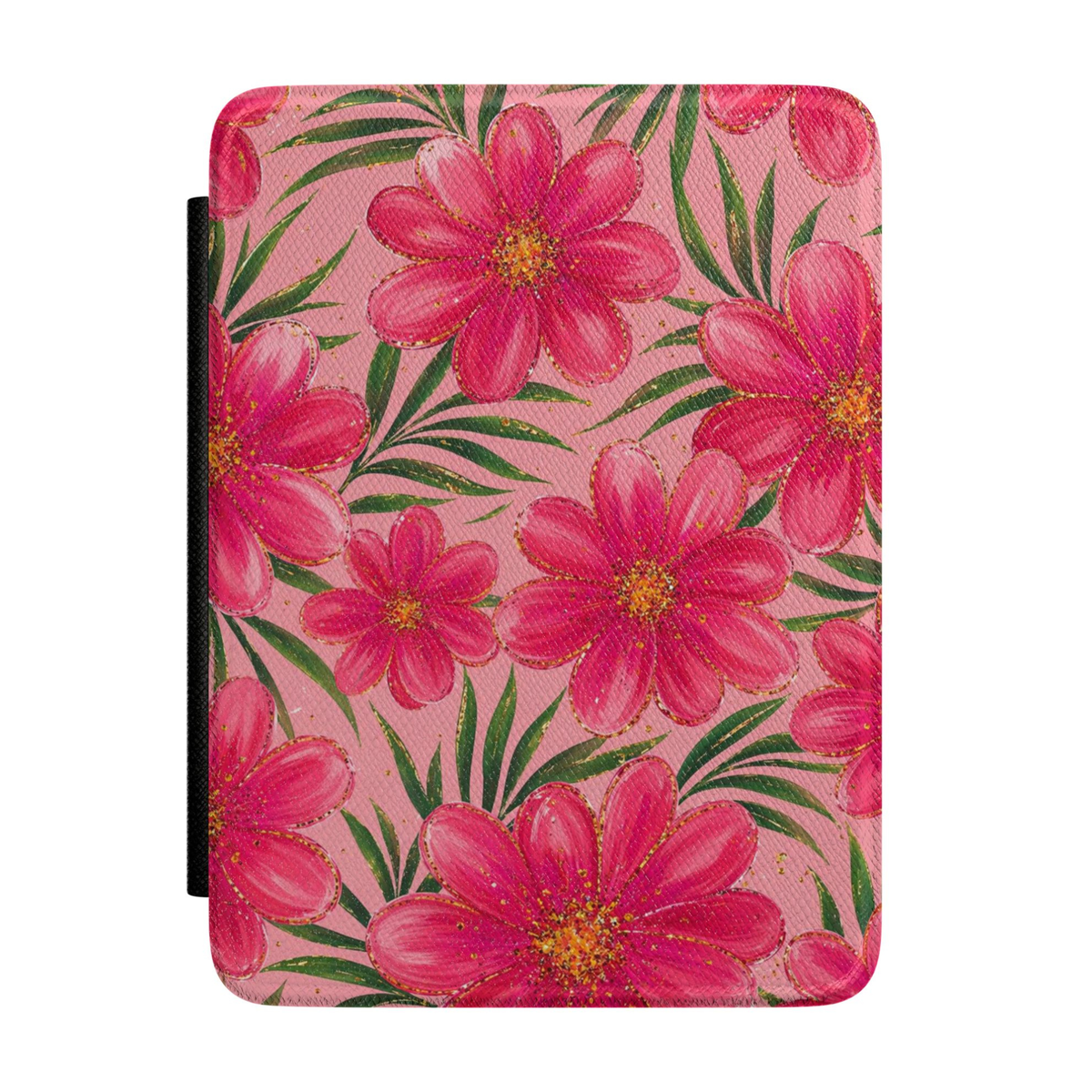Vibrant pink floral Kindle case featuring blooming flowers, tropical green leaves, and colorful botanical artwork on a soft pink background.