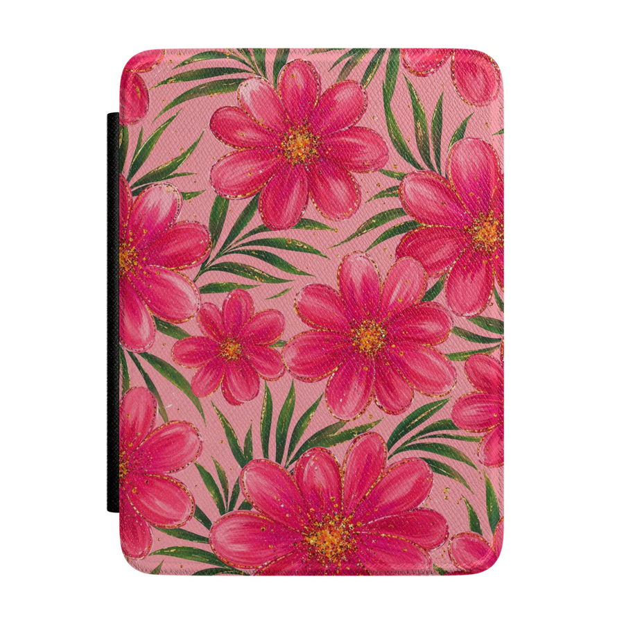 Vibrant pink floral Kindle case featuring blooming flowers, tropical green leaves, and colorful botanical artwork on a soft pink background.
