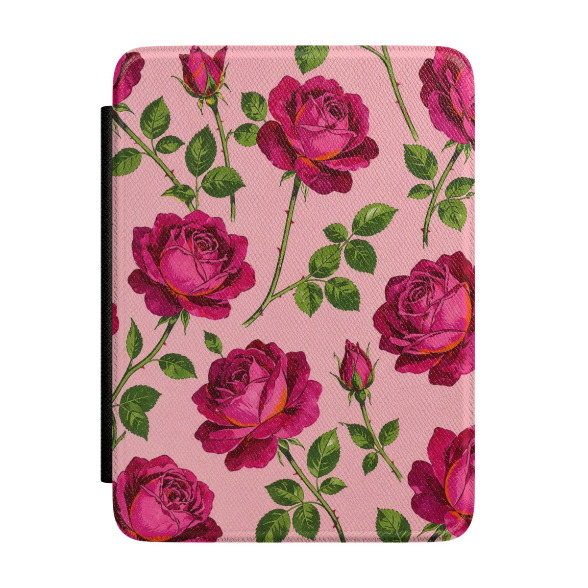 Elegant Kindle case featuring pink roses, rosebuds, and green leaves on a soft blush pink background in a romantic floral pattern.