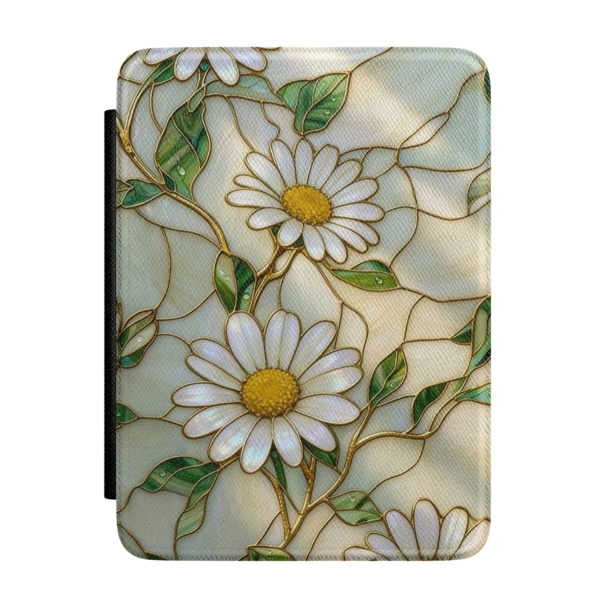 Elegant Kindle case featuring white daisies with golden vine details and green leaves on a soft ivory pearl background.