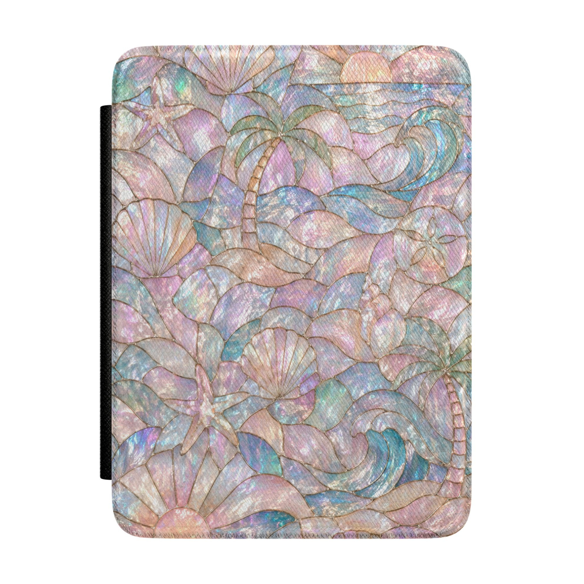 Pastel coastal Kindle case featuring ocean waves, seashells, starfish, palm trees, and shimmering opalescent beach-inspired artwork.
