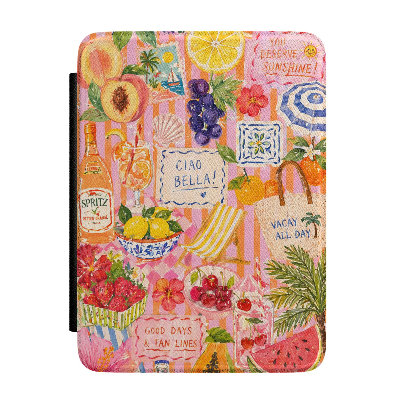 Colorful summer Kindle case featuring citrus fruits, cherries, spritz cocktails, beach umbrellas, tropical palms, and pink vacation-inspired artwork.