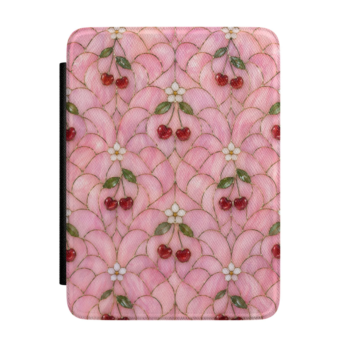 Pink Kindle case featuring red cherries, white blossoms, and a scalloped cottagecore pattern with elegant gold accents.
