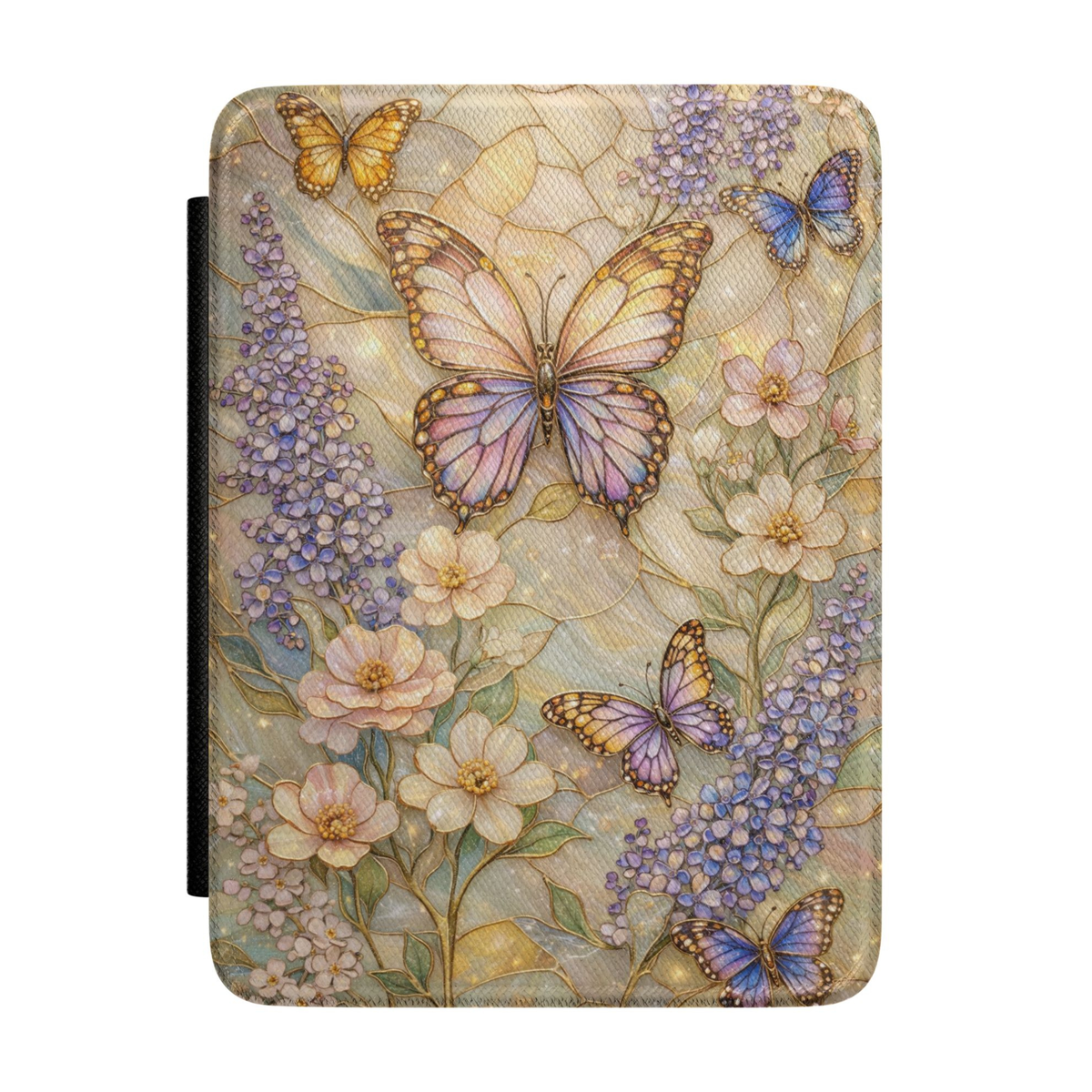 Kindle case featuring pastel butterflies flying among lavender flowers and delicate botanical blooms in soft purple, blue, cream, and gold tones.