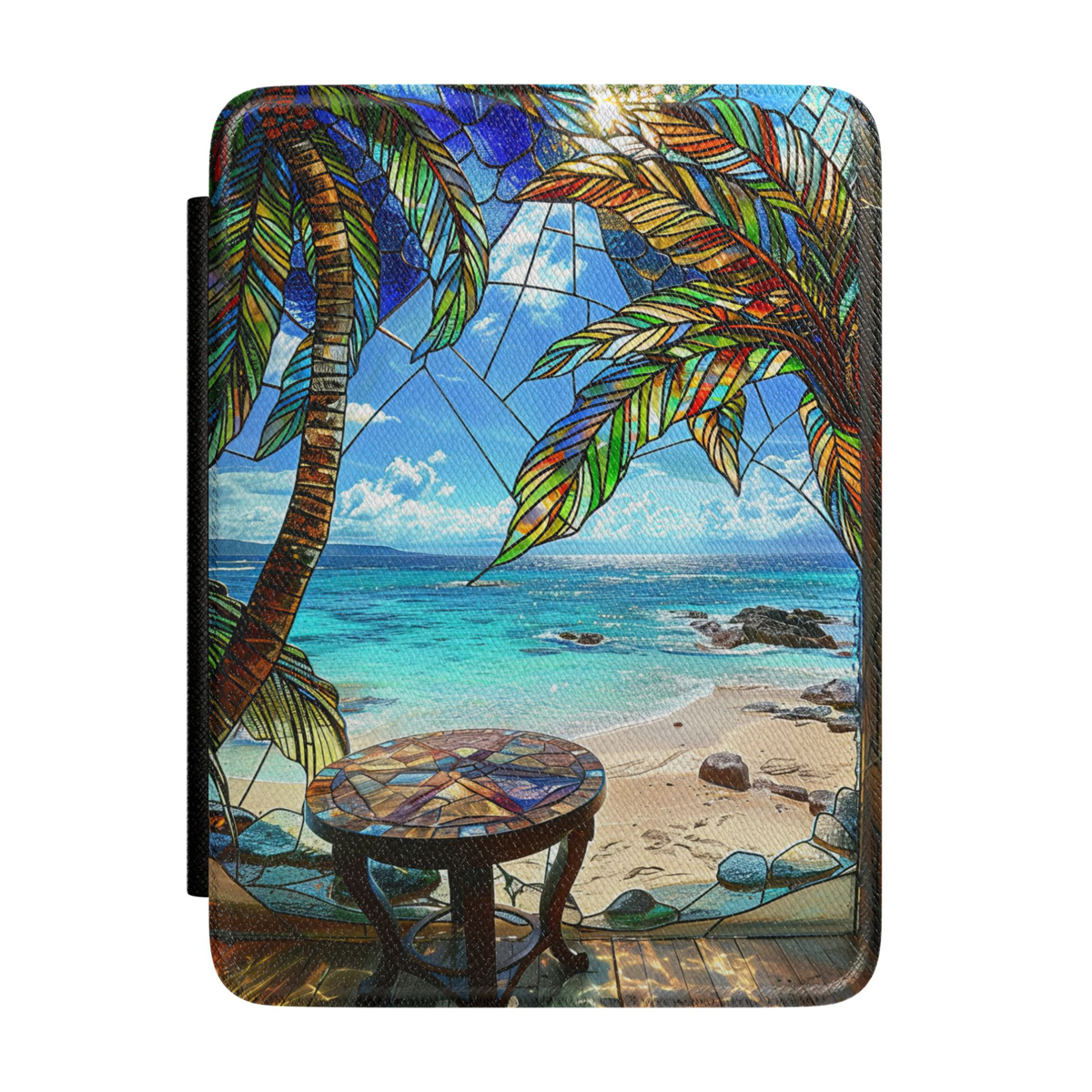 Kindle case featuring a stained glass tropical beach scene with colorful palm trees, turquoise ocean water, sandy shore, and vibrant coastal landscape.