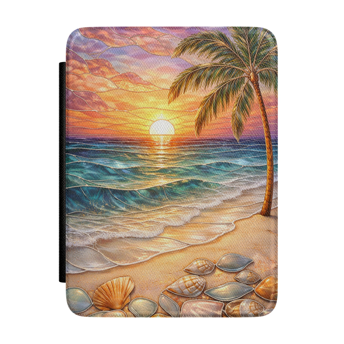 Kindle case featuring a tropical beach sunset with glowing orange skies, turquoise ocean waves, palm tree silhouette, and seashells scattered along the sandy shore.