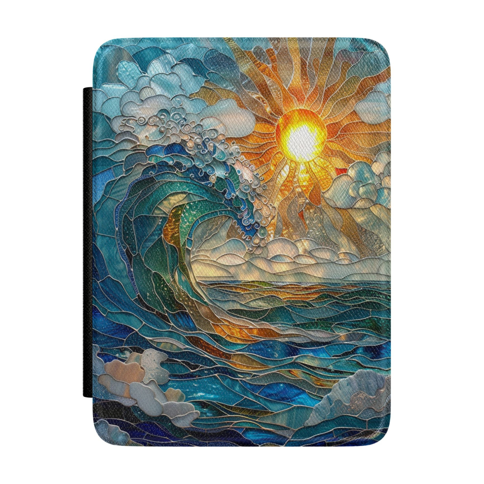 Kindle case featuring a dramatic stained glass ocean wave beneath a glowing golden sun with swirling blue waters, clouds, and coastal artwork.