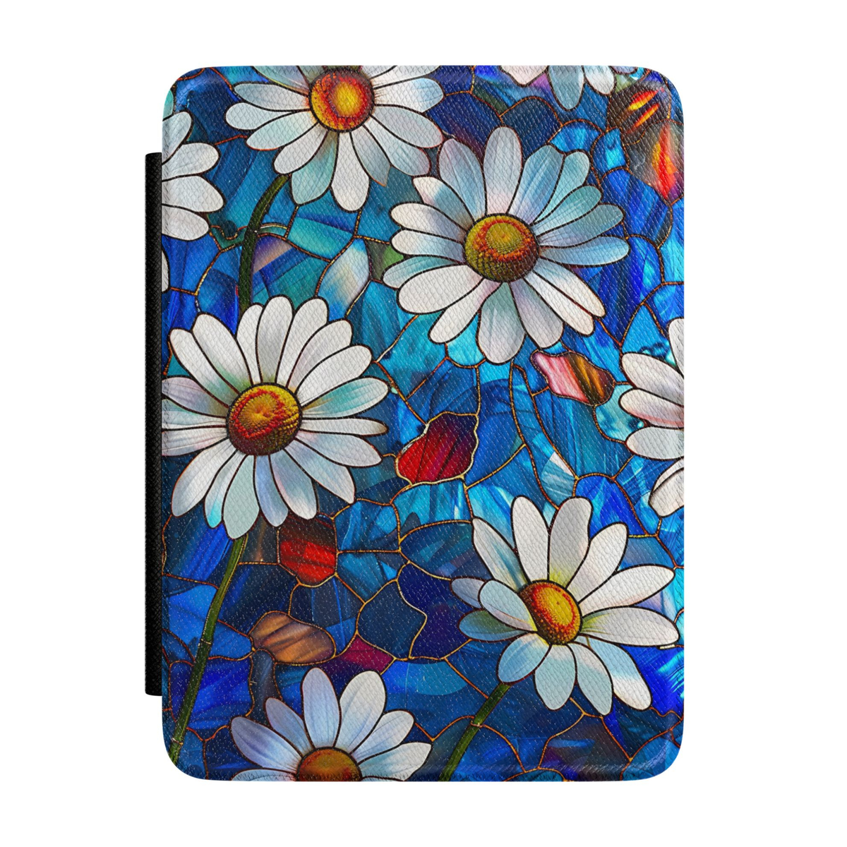 White daisy Kindle case featuring vibrant stained glass artwork with bright white flowers and a rich blue mosaic background.