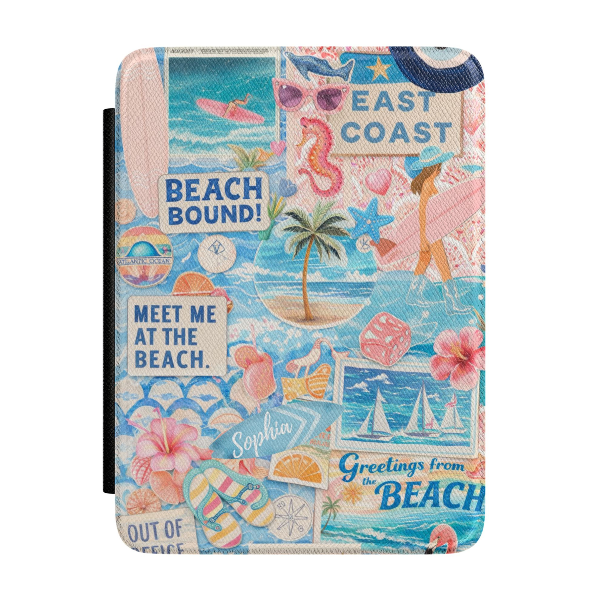 Beach-themed Kindle case featuring a coastal postcard collage with palm trees, sailboats, flip-flops, tropical flowers, and pastel ocean colors.