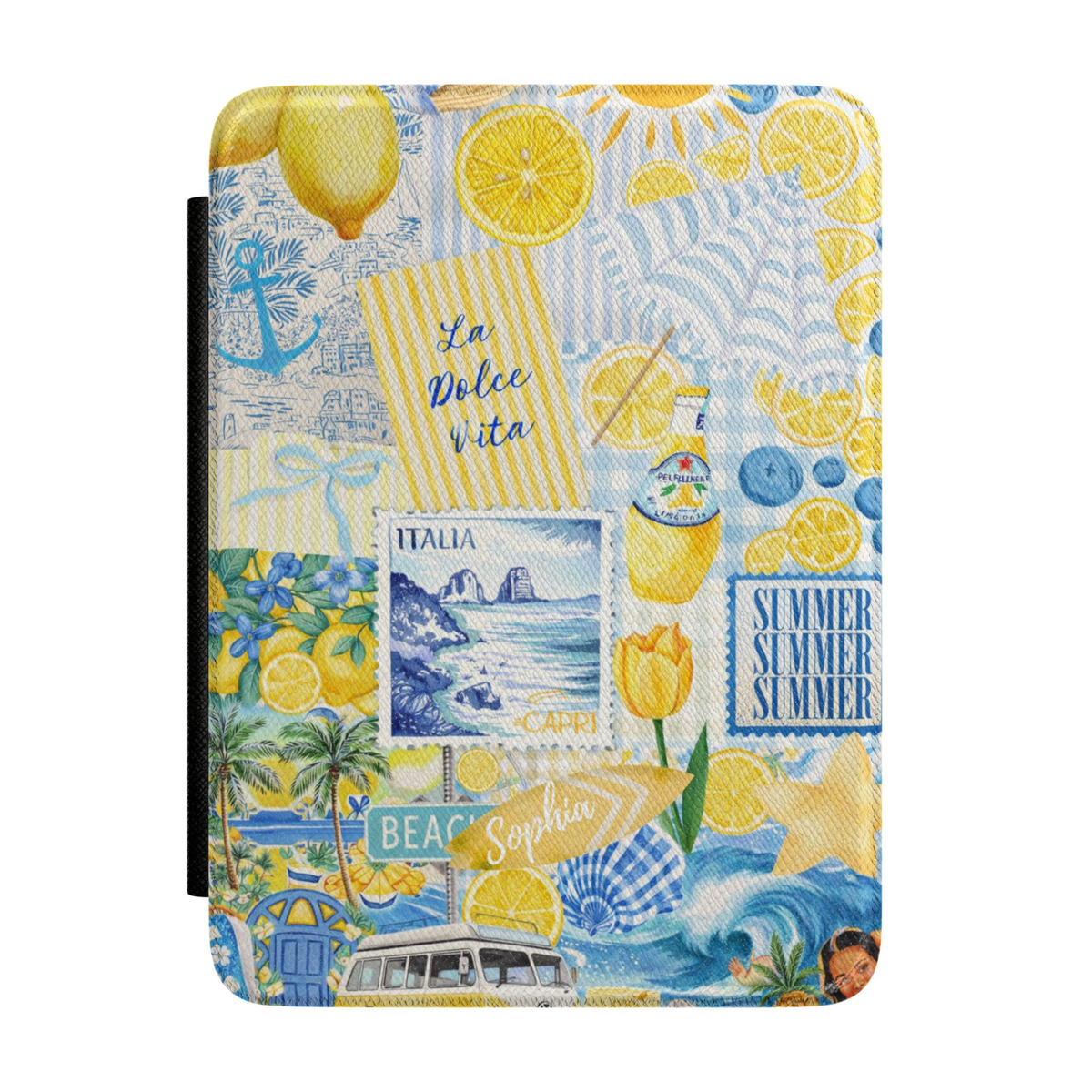 Italian lemon Kindle case featuring Amalfi Coast-inspired artwork with citrus slices, Capri postcards, ocean waves, palm trees, and Mediterranean blue accents.