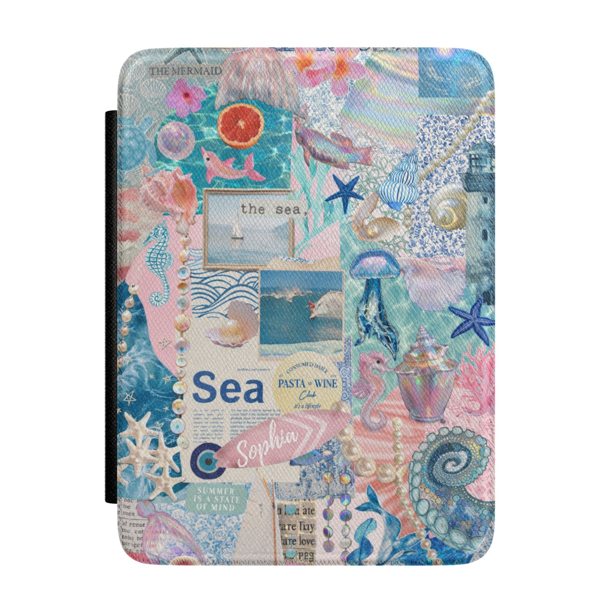 Pastel mermaid-themed Kindle case featuring seashells, seahorses, pearls, jellyfish, dolphins, coral, starfish, and ocean-inspired collage artwork.