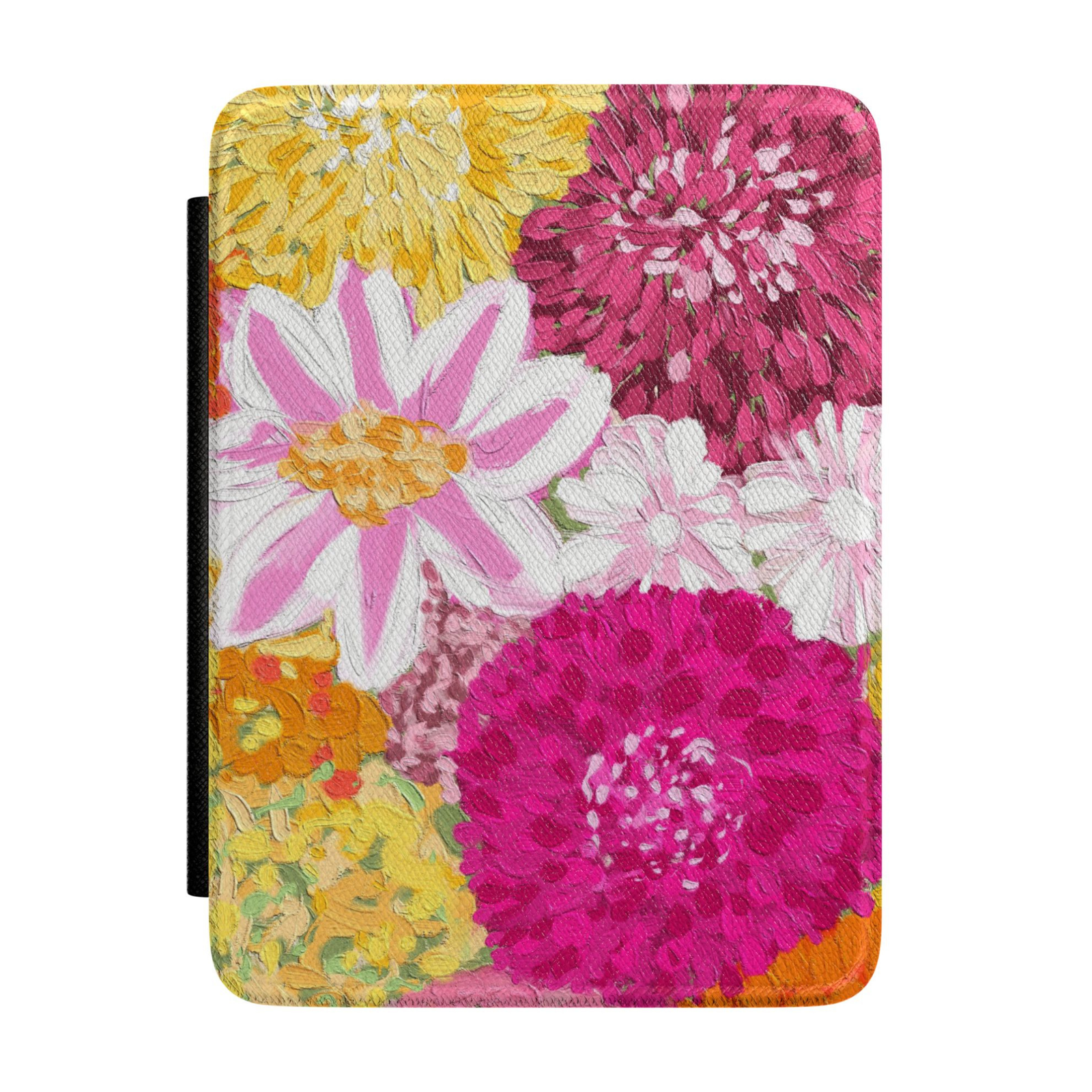Colorful floral Kindle case featuring a painted bouquet of pink asters, white daisies, yellow chrysanthemums, and vibrant wildflowers in an artistic botanical style.
