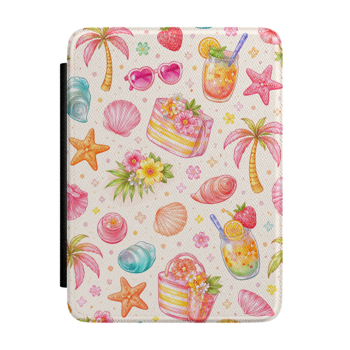Cute tropical Kindle case featuring pink palm trees, seashells, starfish, fruity summer drinks, strawberries, beach bags, sunglasses, and colorful coastal illustrations.