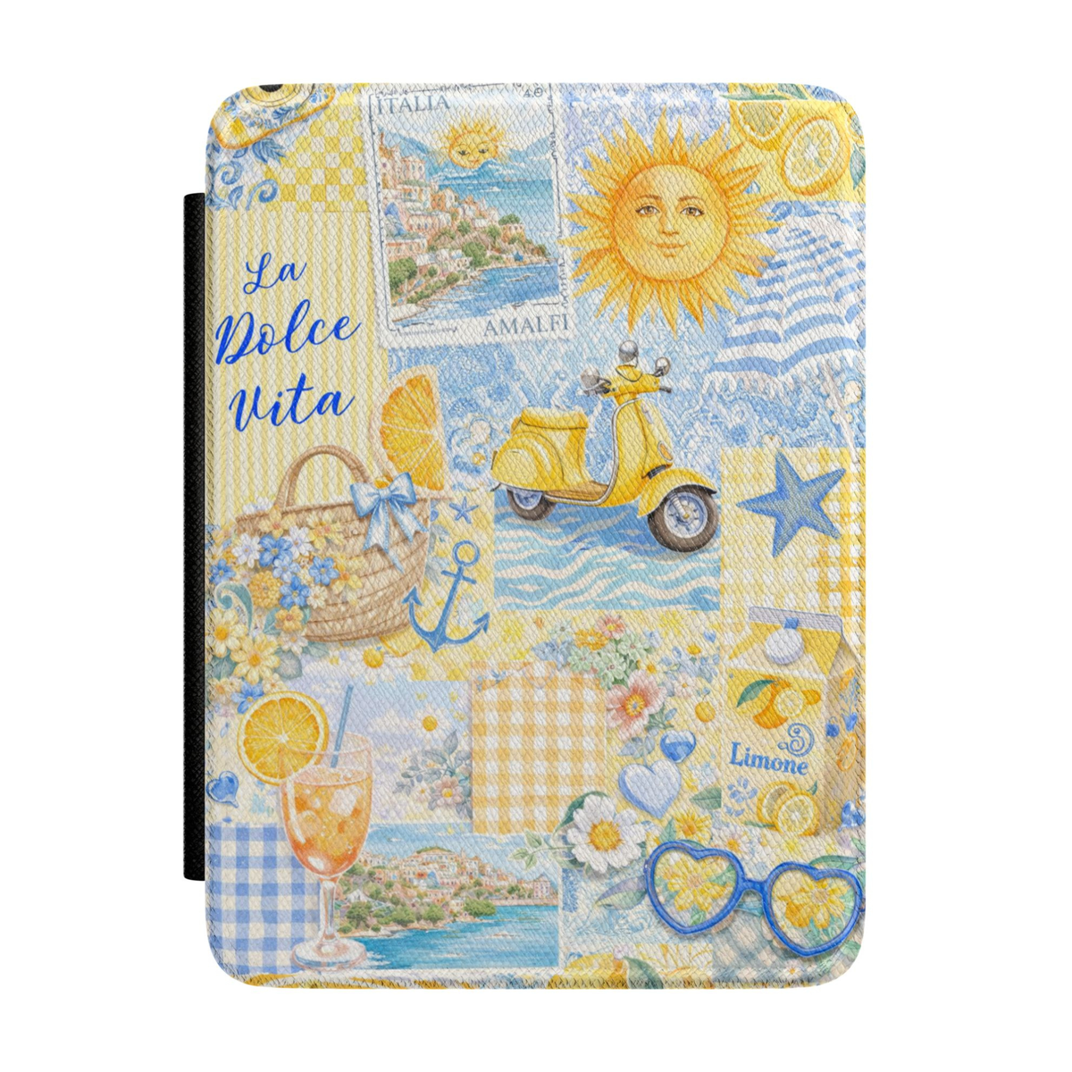 Italian-inspired Kindle case featuring Amalfi Coast scenery, lemons, yellow Vespa scooter, La Dolce Vita typography, citrus cocktails, blue gingham, flowers, and Mediterranean summer illustrations.