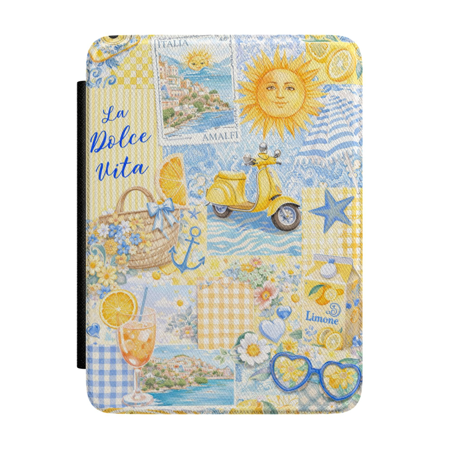 Italian-inspired Kindle case featuring Amalfi Coast scenery, lemons, yellow Vespa scooter, La Dolce Vita typography, citrus cocktails, blue gingham, flowers, and Mediterranean summer illustrations.