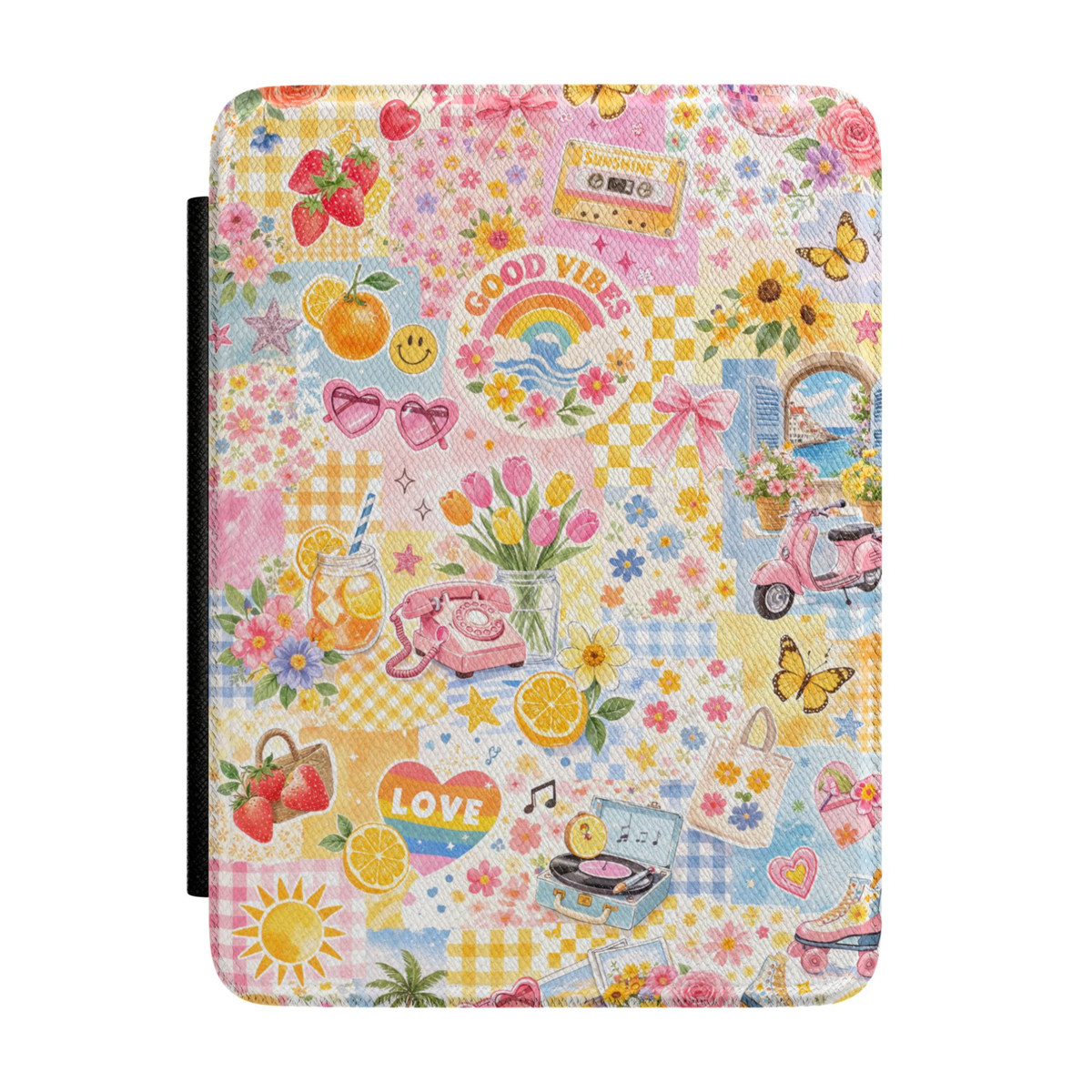 Retro pastel Kindle case featuring strawberries, lemons, flowers, butterflies, tulips, cassette tape, vinyl record player, pink scooter, gingham picnic patterns, and colorful Good Vibes artwork.