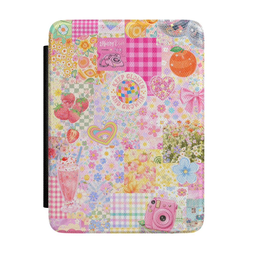 Pastel retro Kindle case featuring strawberries, disco ball, daisies, gingham patterns, vintage telephone, instant camera, flowers, rainbows, hearts, milkshake, and colorful Y2K aesthetic illustrations.