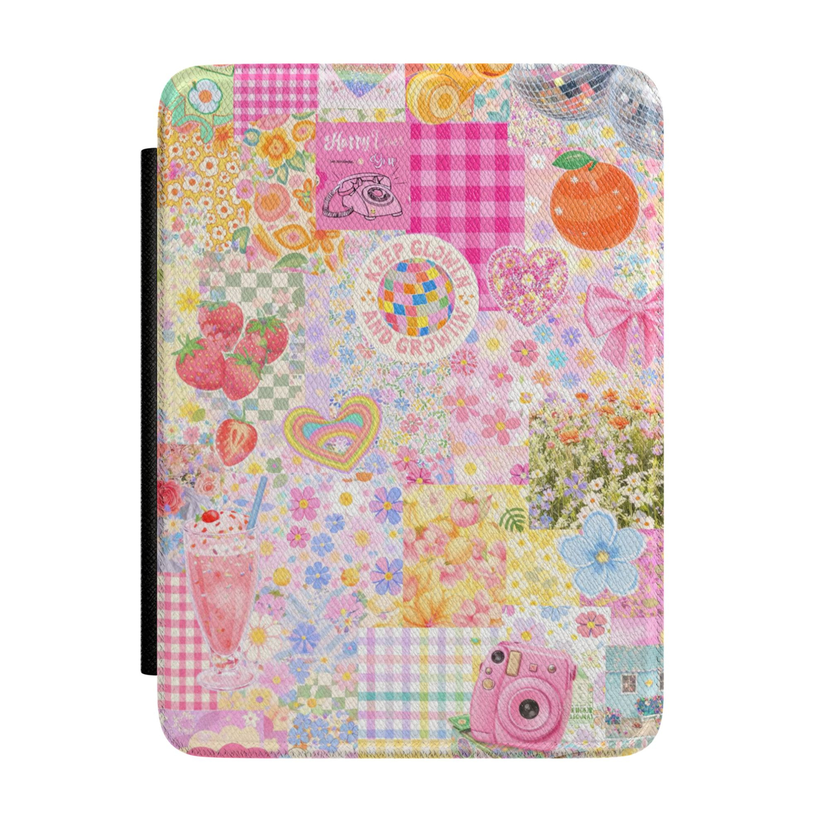 Pastel retro Kindle case featuring strawberries, disco ball, daisies, gingham patterns, vintage telephone, instant camera, flowers, rainbows, hearts, milkshake, and colorful Y2K aesthetic illustrations.