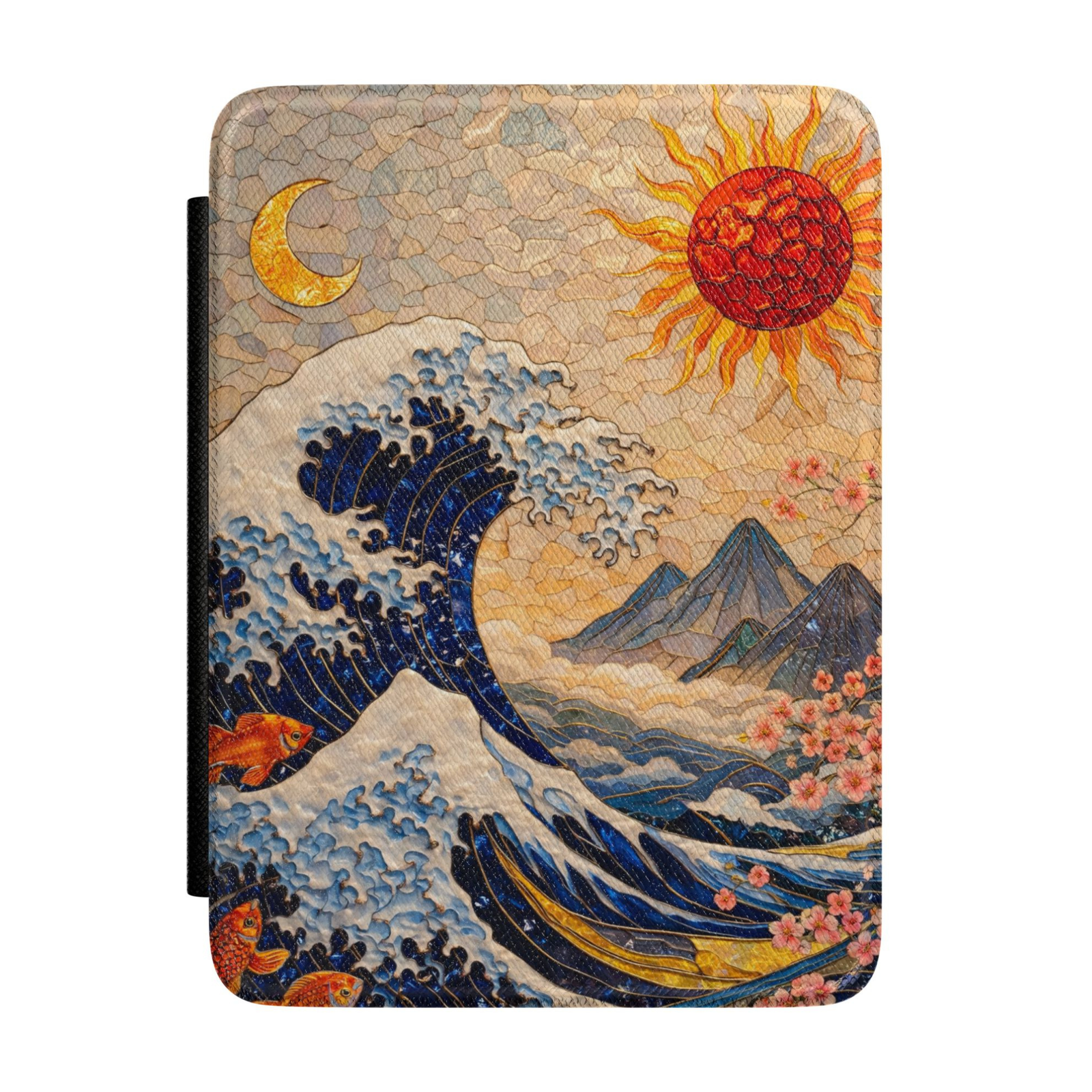 Japanese-inspired Kindle case featuring dramatic ocean waves, radiant sun, crescent moon, mountains, koi fish, cherry blossoms, and traditional coastal artwork.
