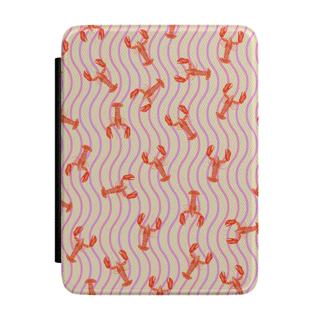 Minimalist Kindle case featuring coral red lobsters on soft pink wavy stripes with a cream background in a preppy coastal nautical design.