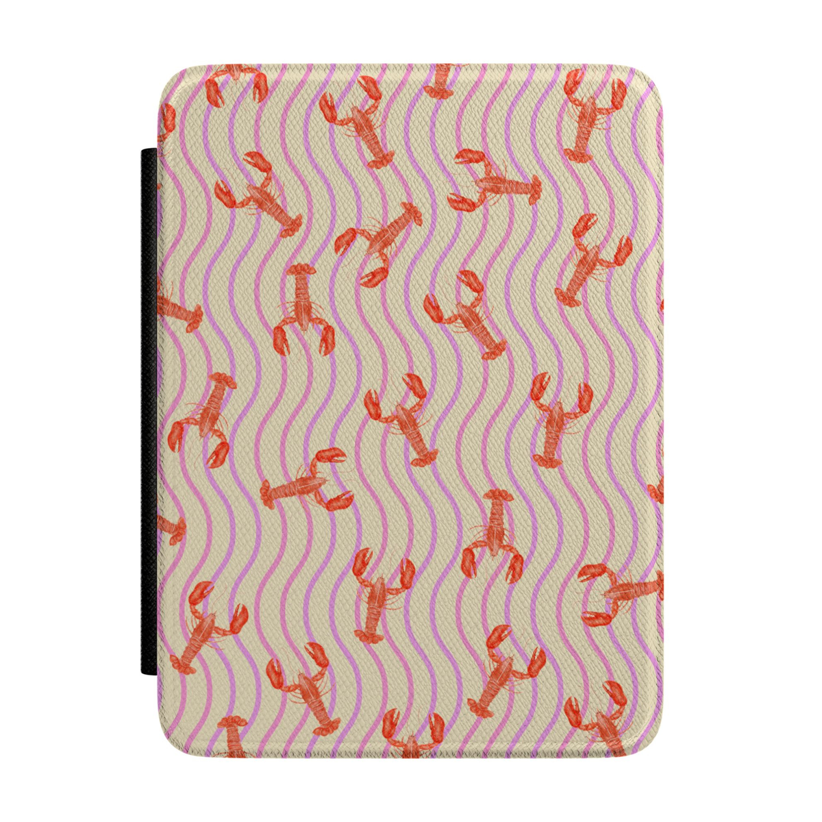 Minimalist Kindle case featuring coral red lobsters on soft pink wavy stripes with a cream background in a preppy coastal nautical design.
