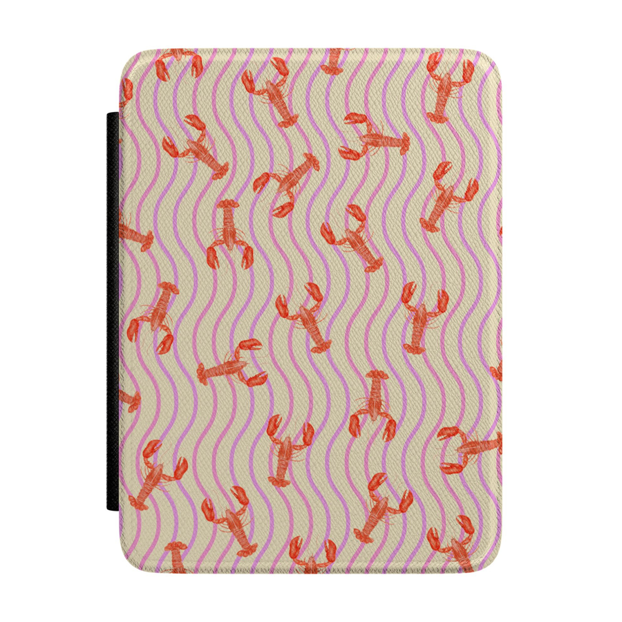 Minimalist Kindle case featuring coral red lobsters on soft pink wavy stripes with a cream background in a preppy coastal nautical design.