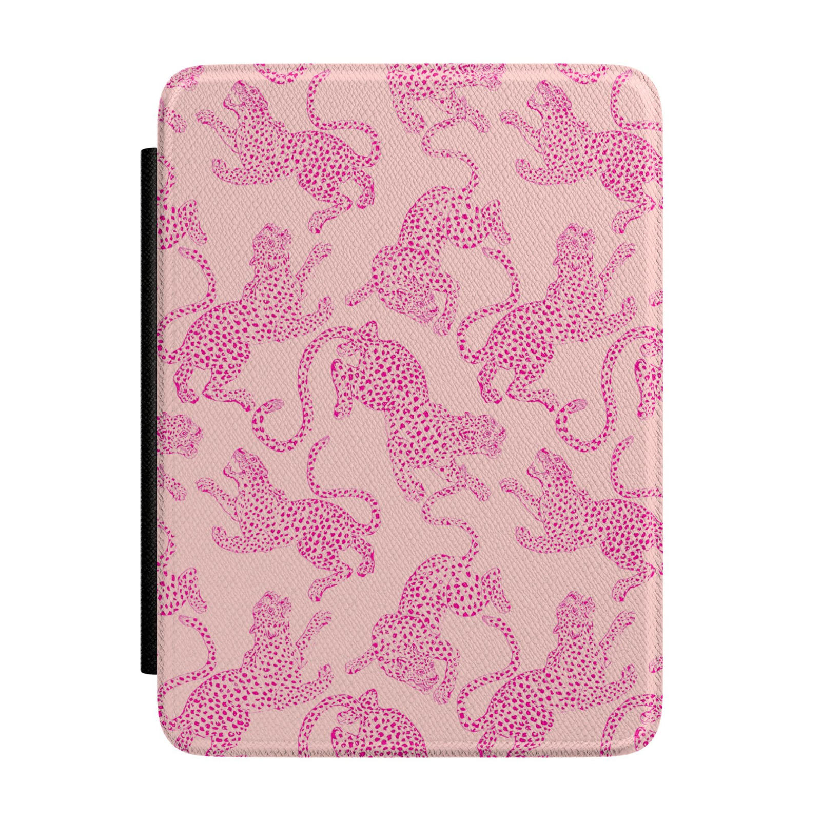 Blush pink Kindle case featuring repeating hot pink cheetah illustrations in a stylish preppy animal print pattern.