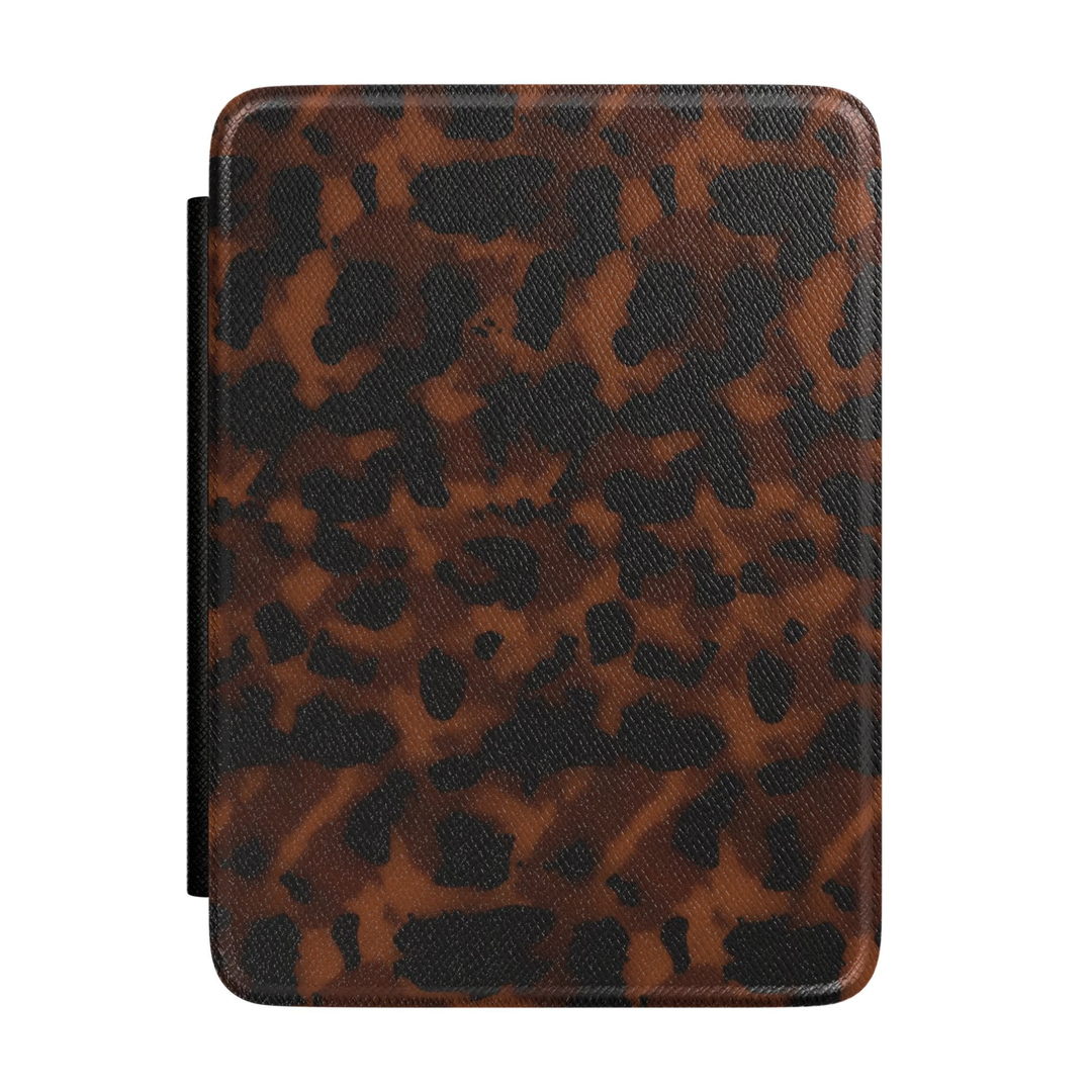 Brown Kindle case featuring a classic black leopard print pattern on a rich mocha background with a timeless animal print design.