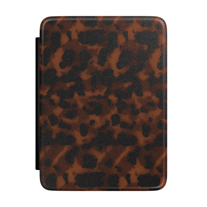 Brown Kindle case featuring a classic black leopard print pattern on a rich mocha background with a timeless animal print design.