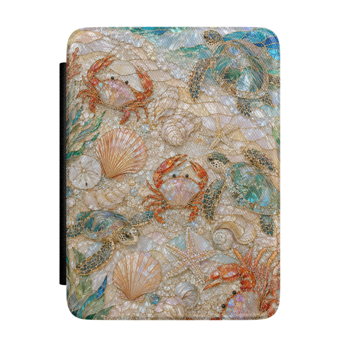 Pearl-inspired coastal Kindle case featuring sea turtles, seashells, starfish, coral, and ocean treasures with a shimmering beach aesthetic.