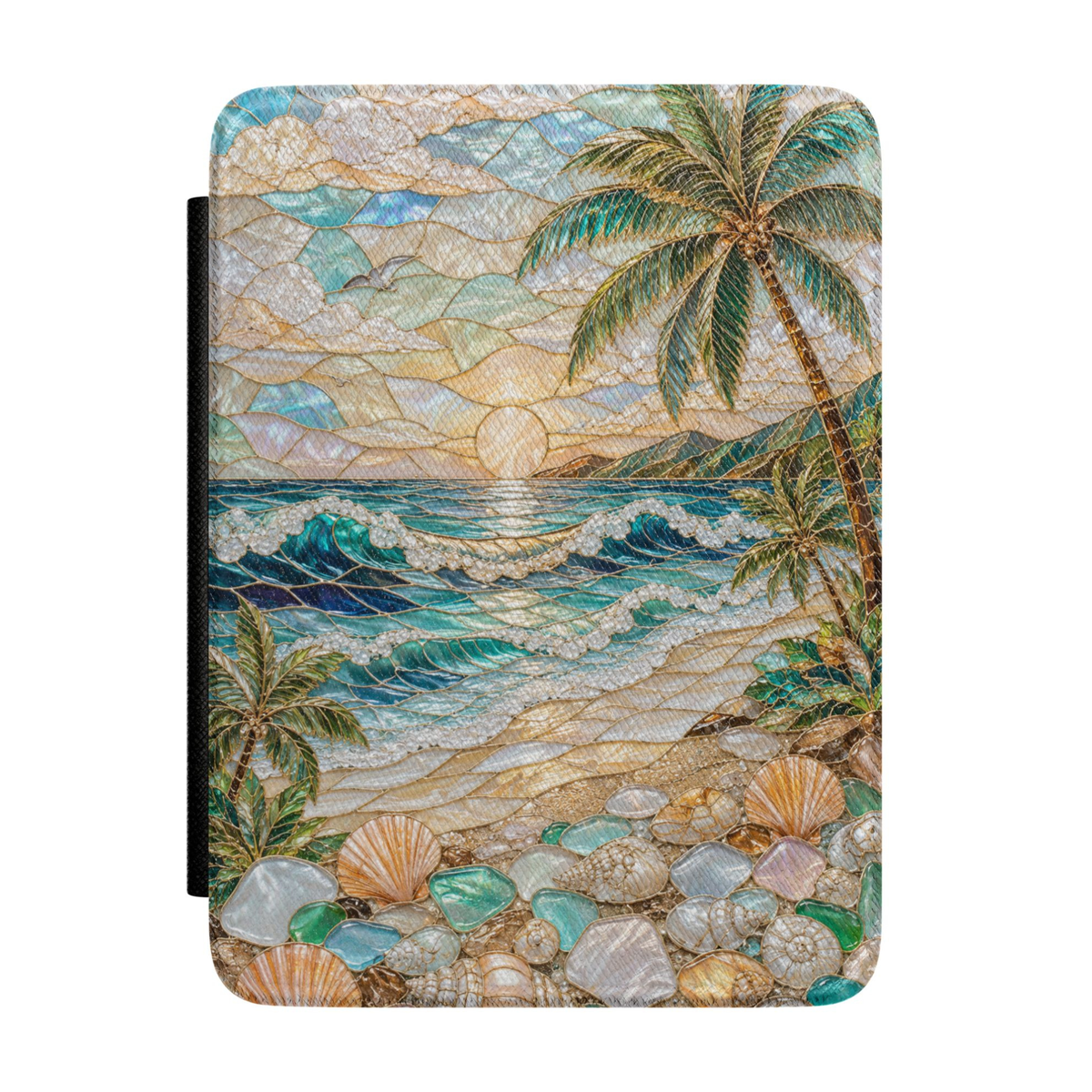 Coastal beach Kindle case featuring ocean waves, palm trees, seashells, sea glass, sandy shoreline, and a tropical sunset in a pearl-inspired design.