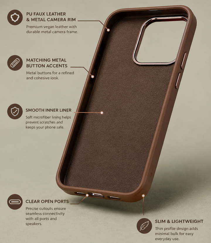 personalized vegan leather phone case featuring custom laser engraving, premium metal camera frame, matching metal buttons, and slim luxury design for iPhone and Samsung Galaxy.