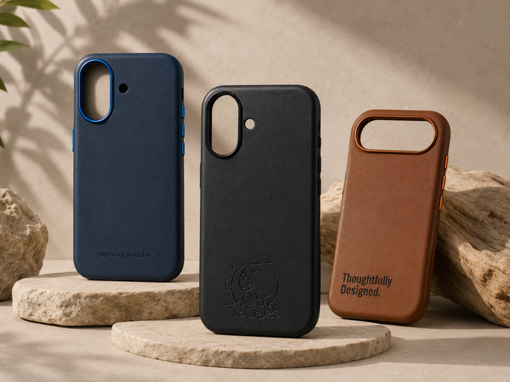 personalized vegan leather phone case featuring custom laser engraving, premium metal camera frame, matching metal buttons, and slim luxury design for iPhone and Samsung Galaxy.