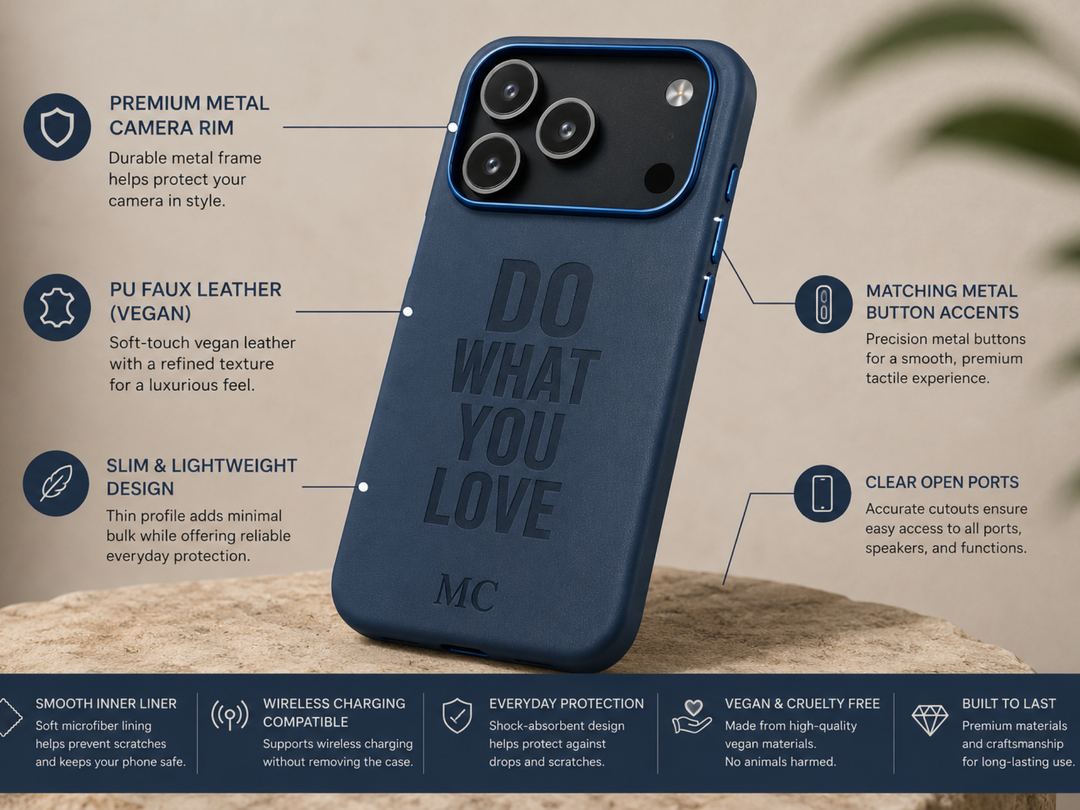 personalized vegan leather phone case featuring custom laser engraving, premium metal camera frame, matching metal buttons, and slim luxury design for iPhone and Samsung Galaxy.