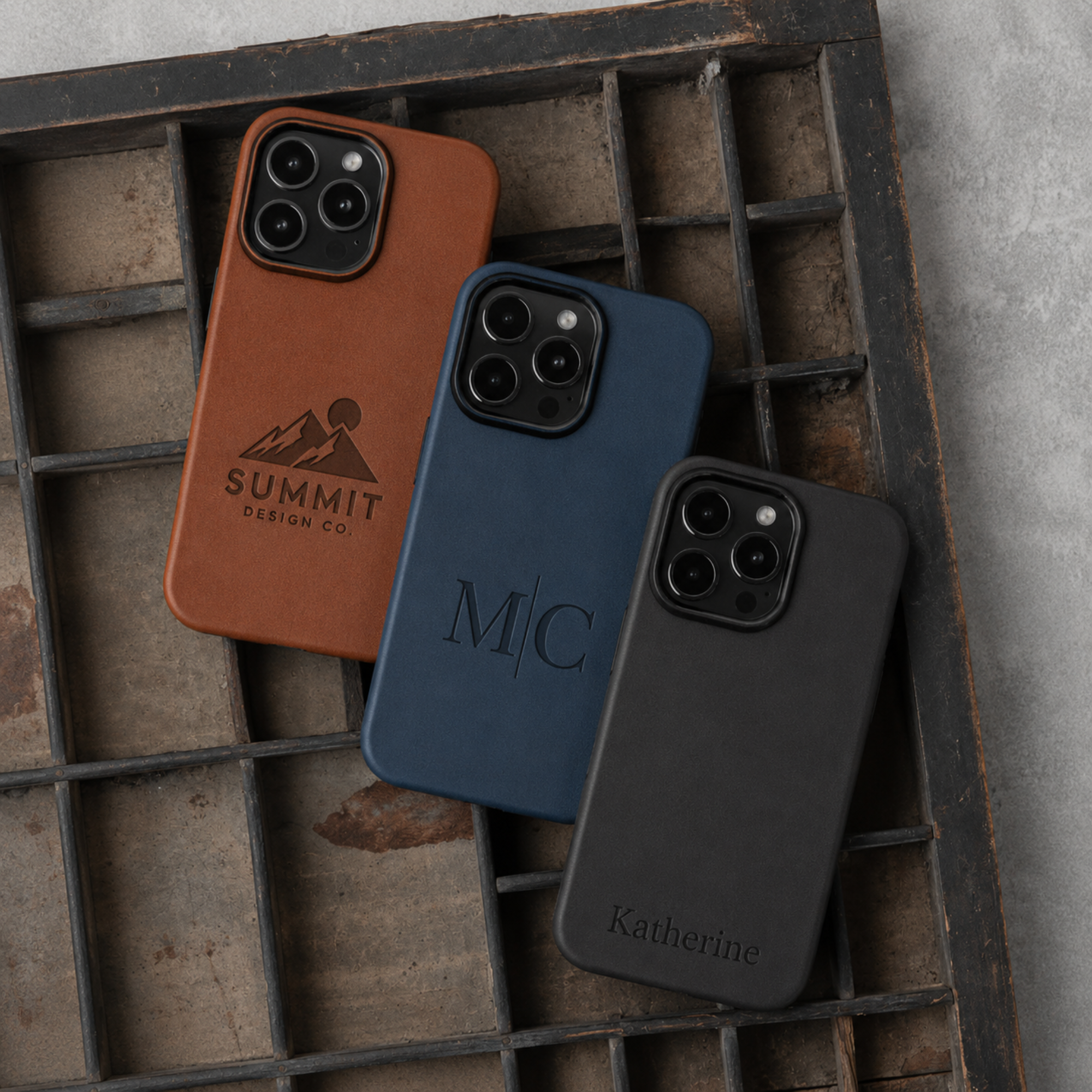 personalized vegan leather phone case featuring custom laser engraving, premium metal camera frame, matching metal buttons, and slim luxury design for iPhone and Samsung Galaxy.