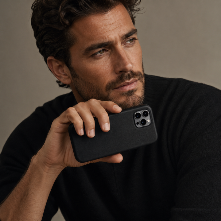 personalized vegan leather phone case featuring custom laser engraving, premium metal camera frame, matching metal buttons, and slim luxury design for iPhone and Samsung Galaxy.