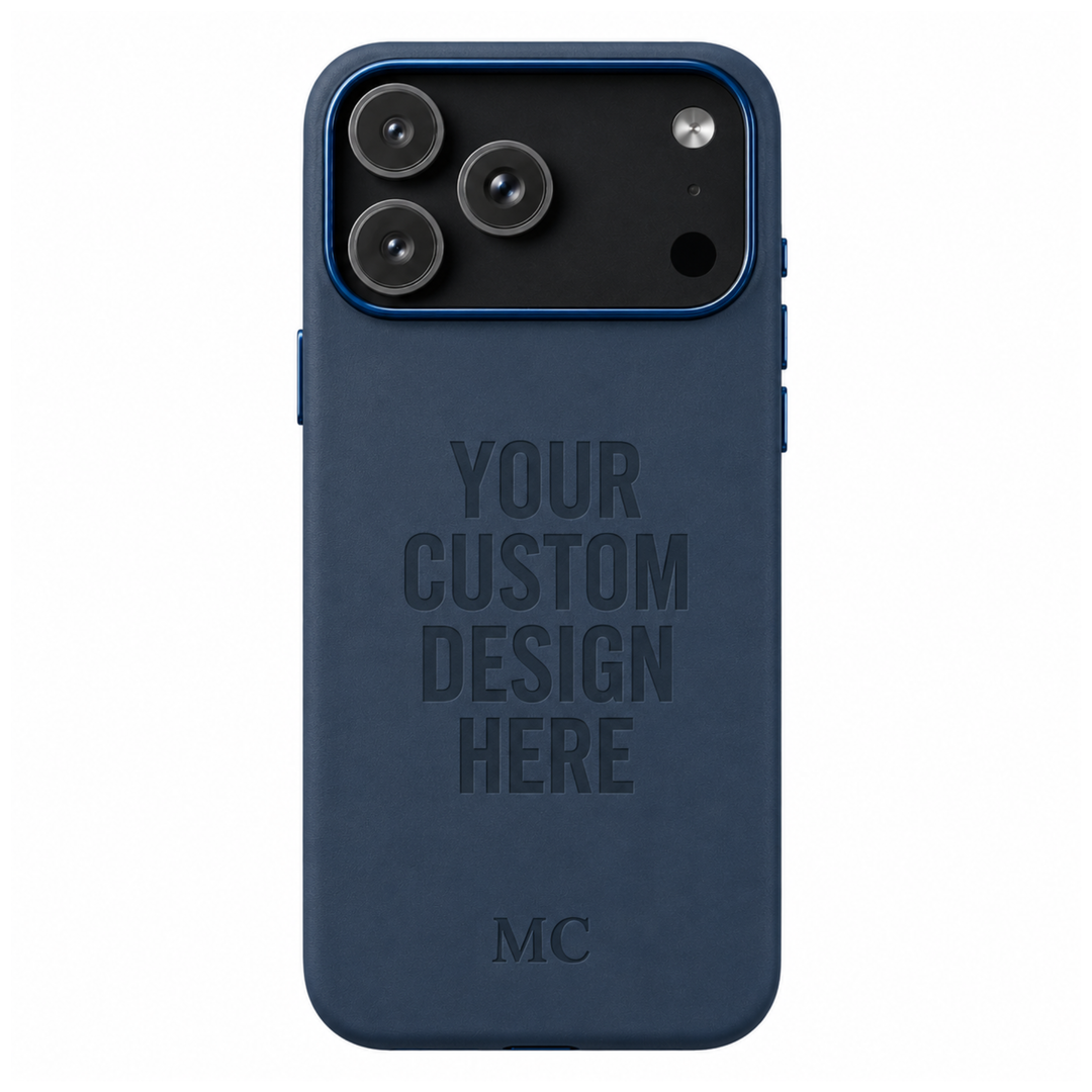 personalized vegan leather phone case featuring custom laser engraving, premium metal camera frame, matching metal buttons, and slim luxury design for iPhone and Samsung Galaxy.