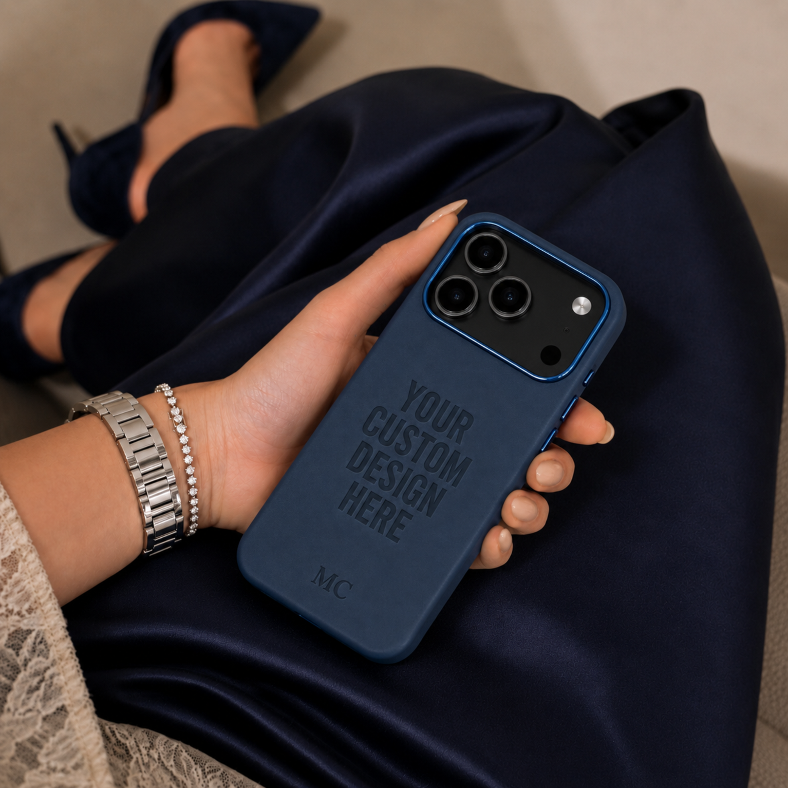 personalized vegan leather phone case featuring custom laser engraving, premium metal camera frame, matching metal buttons, and slim luxury design for iPhone and Samsung Galaxy.