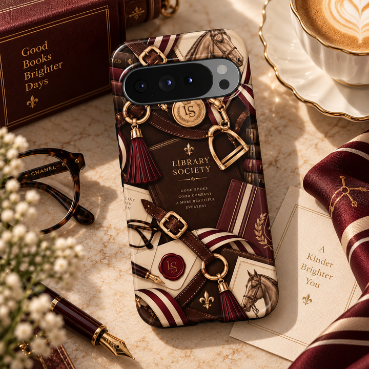 Library Society Google Pixel case featuring vintage books, equestrian illustrations, brown leather straps, burgundy ribbons, gold hardware, letters and wax seal details.